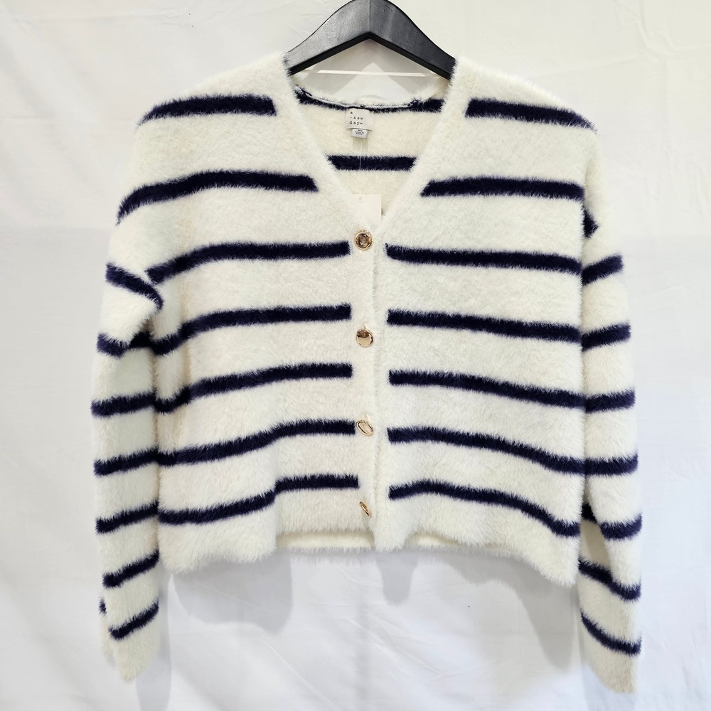 A New Day Women Navy White Striped Fuzzy Knit Cardigan Gold Buttons XS Oversized